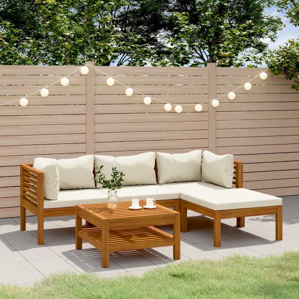 Garden Lounge Set Cream Solid Acacia wood, Polyester Medium. Picture 1