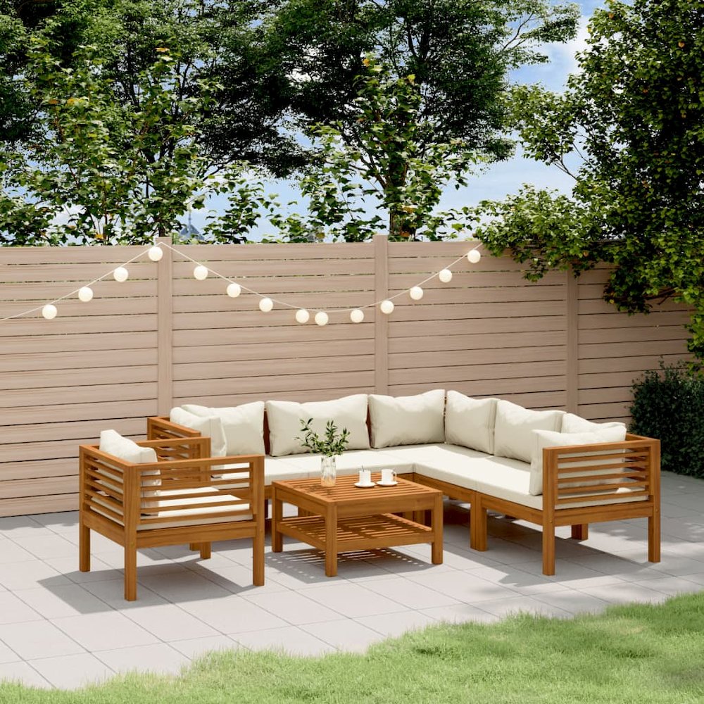 Garden Lounge Set Cream Solid acacia wood, 100% polyester. Picture 1