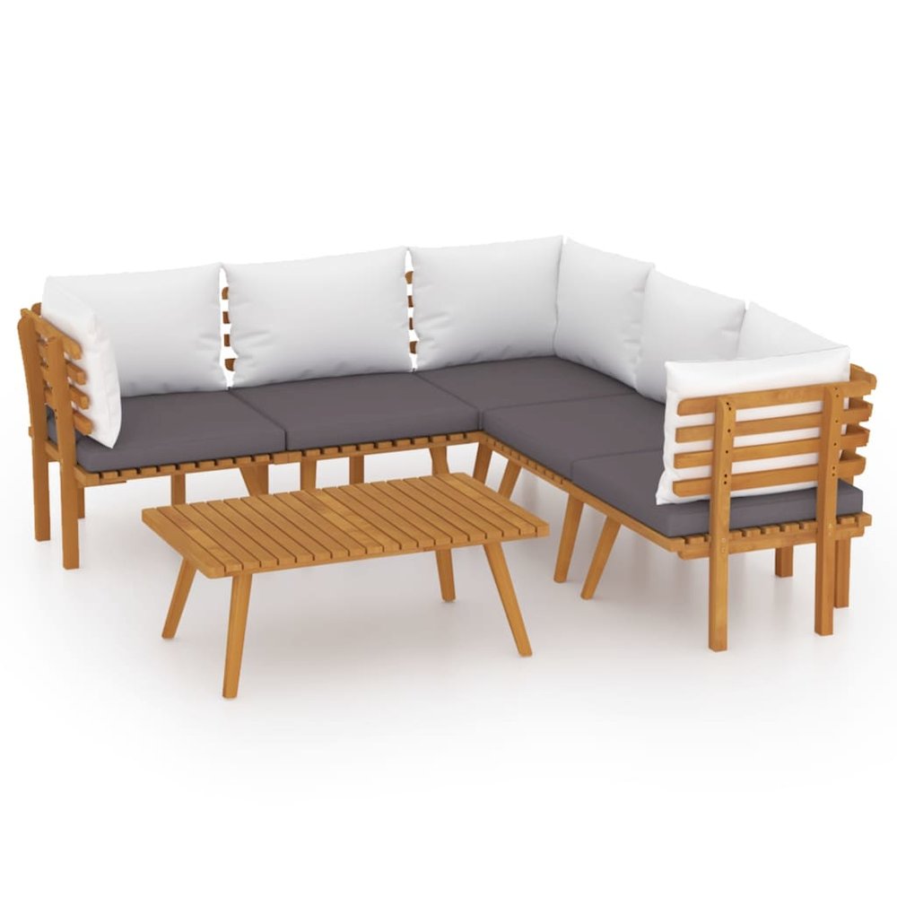 Garden Lounge Set Acacia wood with dark grey and white cushions. Picture 2