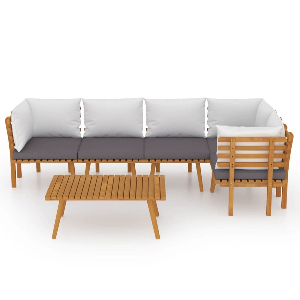 Garden Lounge Set Acacia wood with dark grey and white cushions. Picture 3