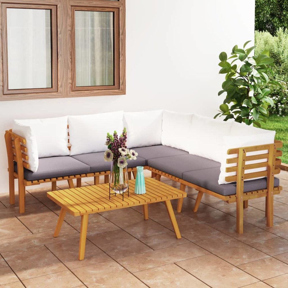 Garden Lounge Set Acacia wood with dark grey and white cushions. Picture 1