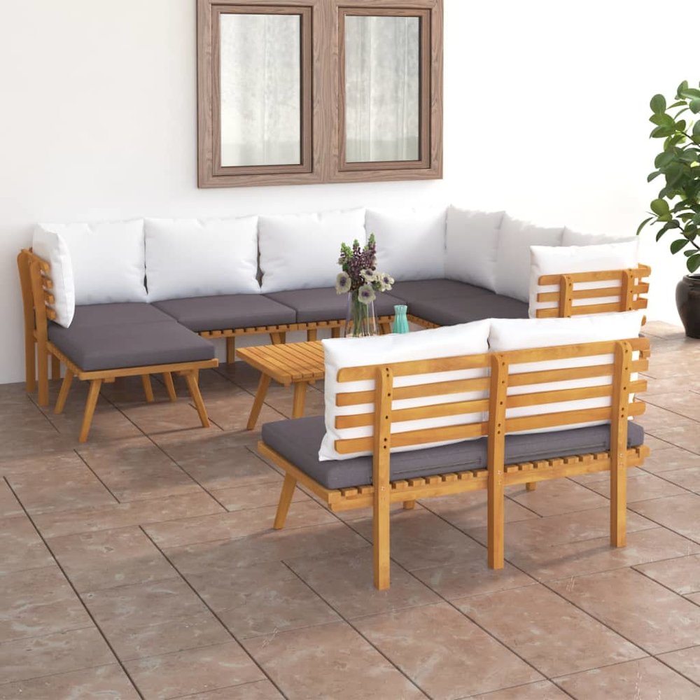 Garden Lounge Set Dark grey, white Solid acacia wood, polyester. Picture 1