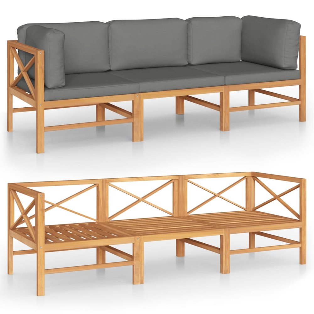 3-seater Garden Sofa Grey Teak Wood, 100% Polyester Large. Picture 2