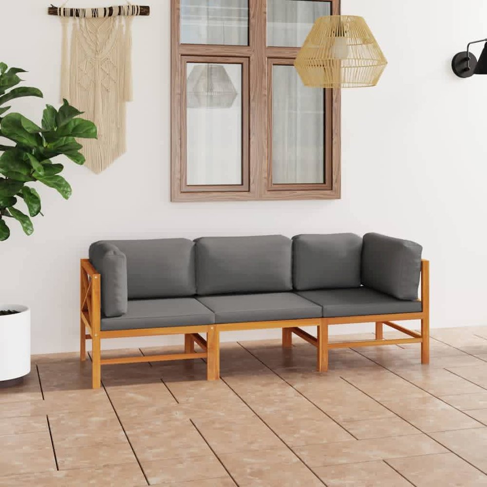 3-seater Garden Sofa Grey Teak Wood, 100% Polyester Large. Picture 1