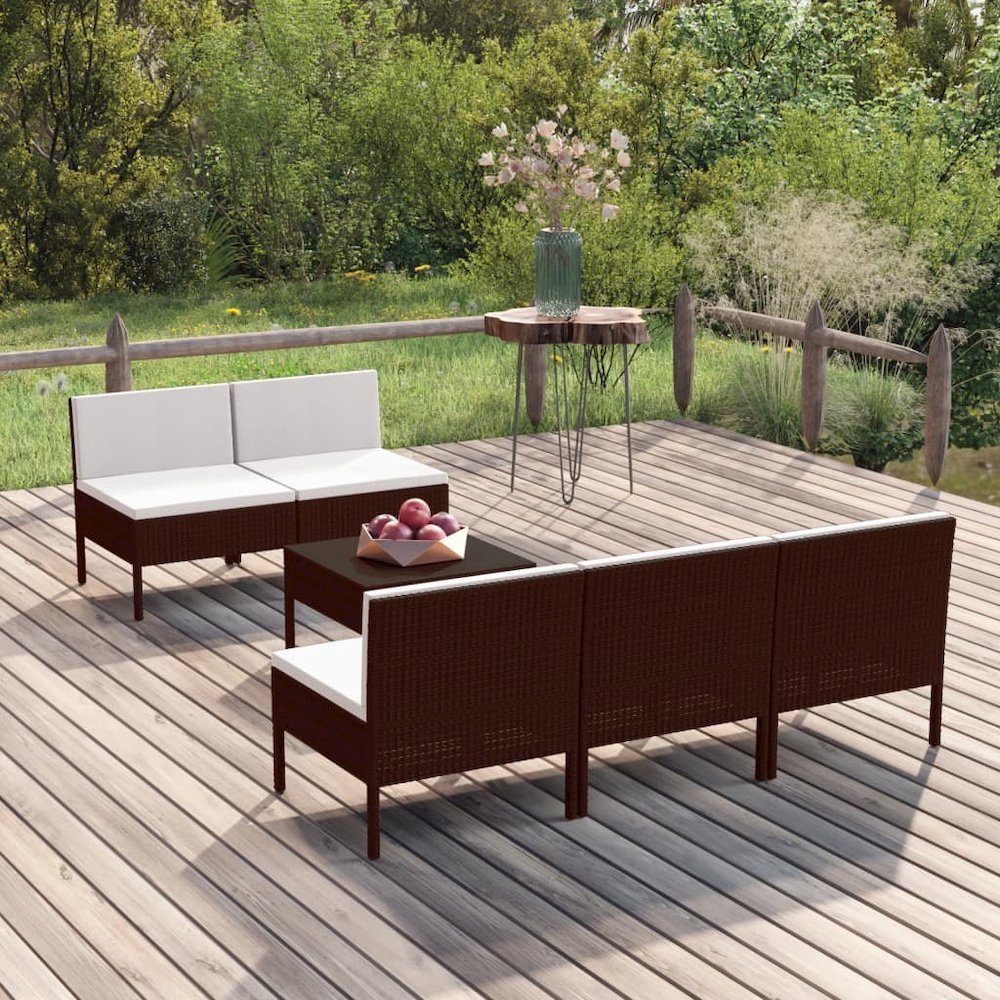 6 Piece Patio Lounge Set with Cushions Poly Rattan Brown. Picture 1
