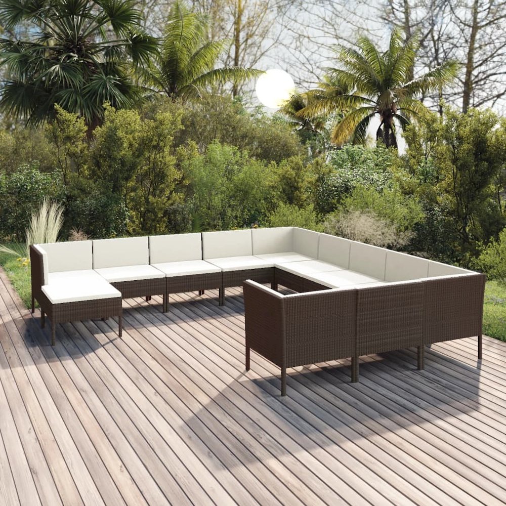 12 Piece Patio Lounge Set with Cushions Poly Rattan Brown. Picture 1