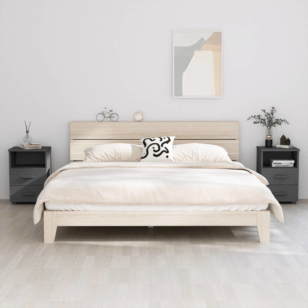 Bedside Cabinet Set of 2 Dark Grey Solid pine wood, MDF Medium. Picture 1