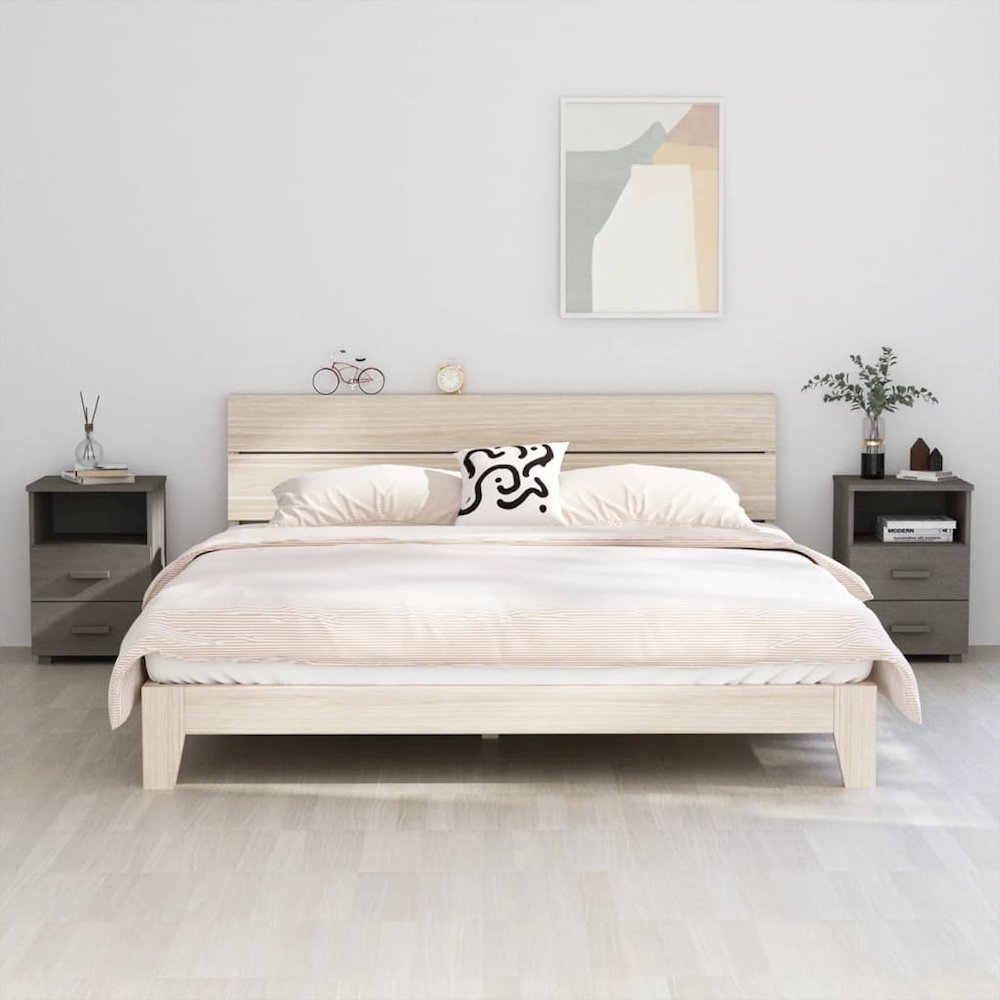 Bedside Cabinet Set of 2 Light grey Solid pine wood, MDF Standard. Picture 1