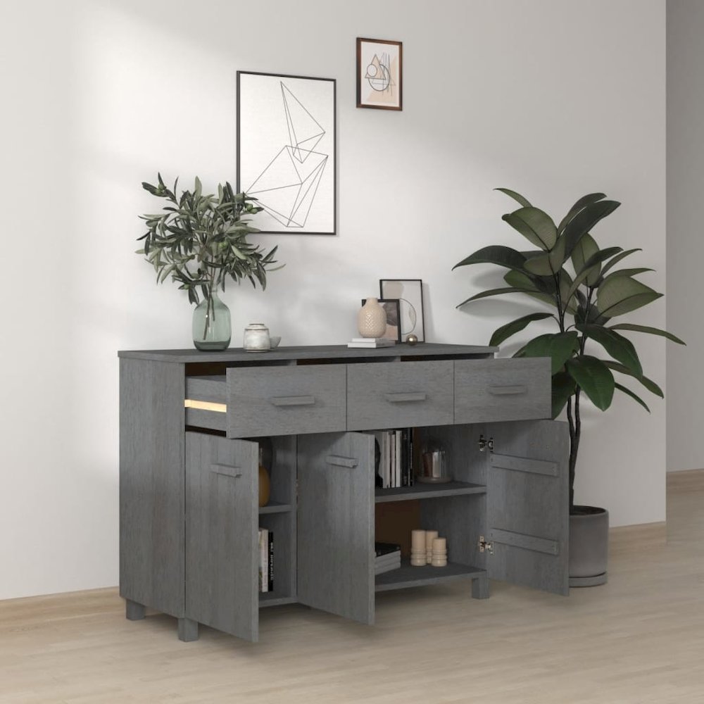 Sideboard Dark Grey Solid Pine Wood, MDF Medium Buffet Sideboard. Picture 6