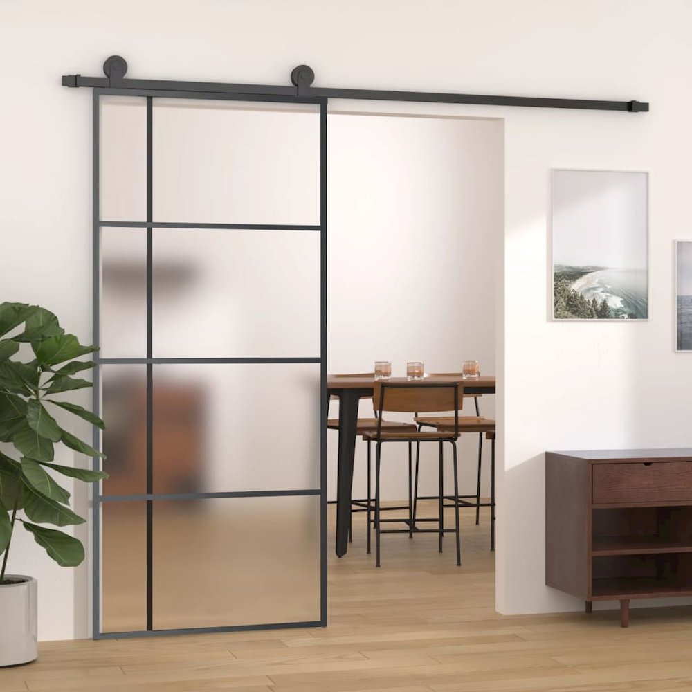 Sliding Door Frosted ESG Glass and Aluminum 35.4"x80.7" Black. Picture 1