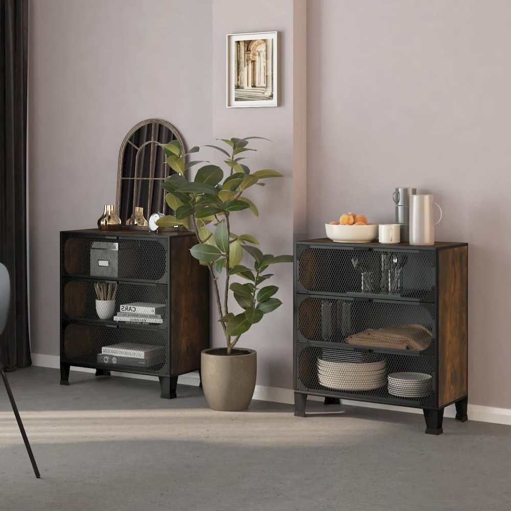 Storage Cabinet Set of 2 Rustic brown Metal and MDF Medium. Picture 1