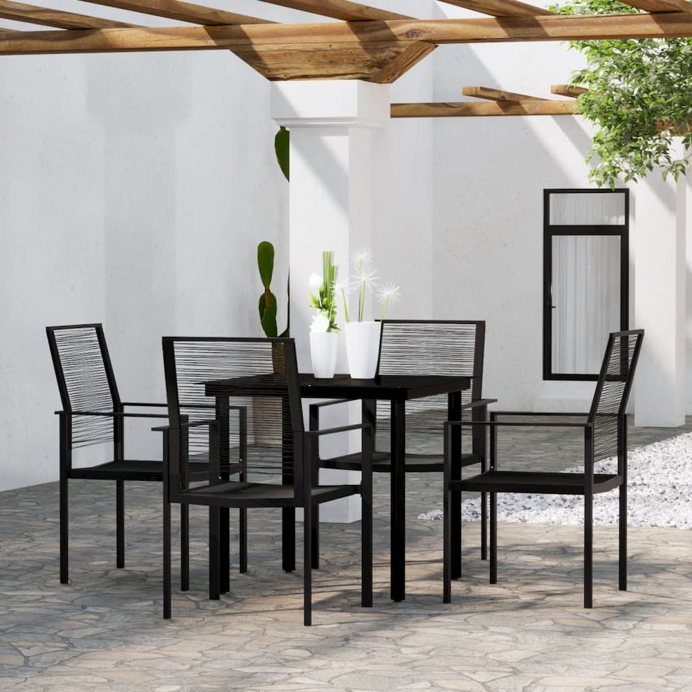 Dining Set Black Powder-Coated Steel, PVC hollow rattan, Glass. Picture 1