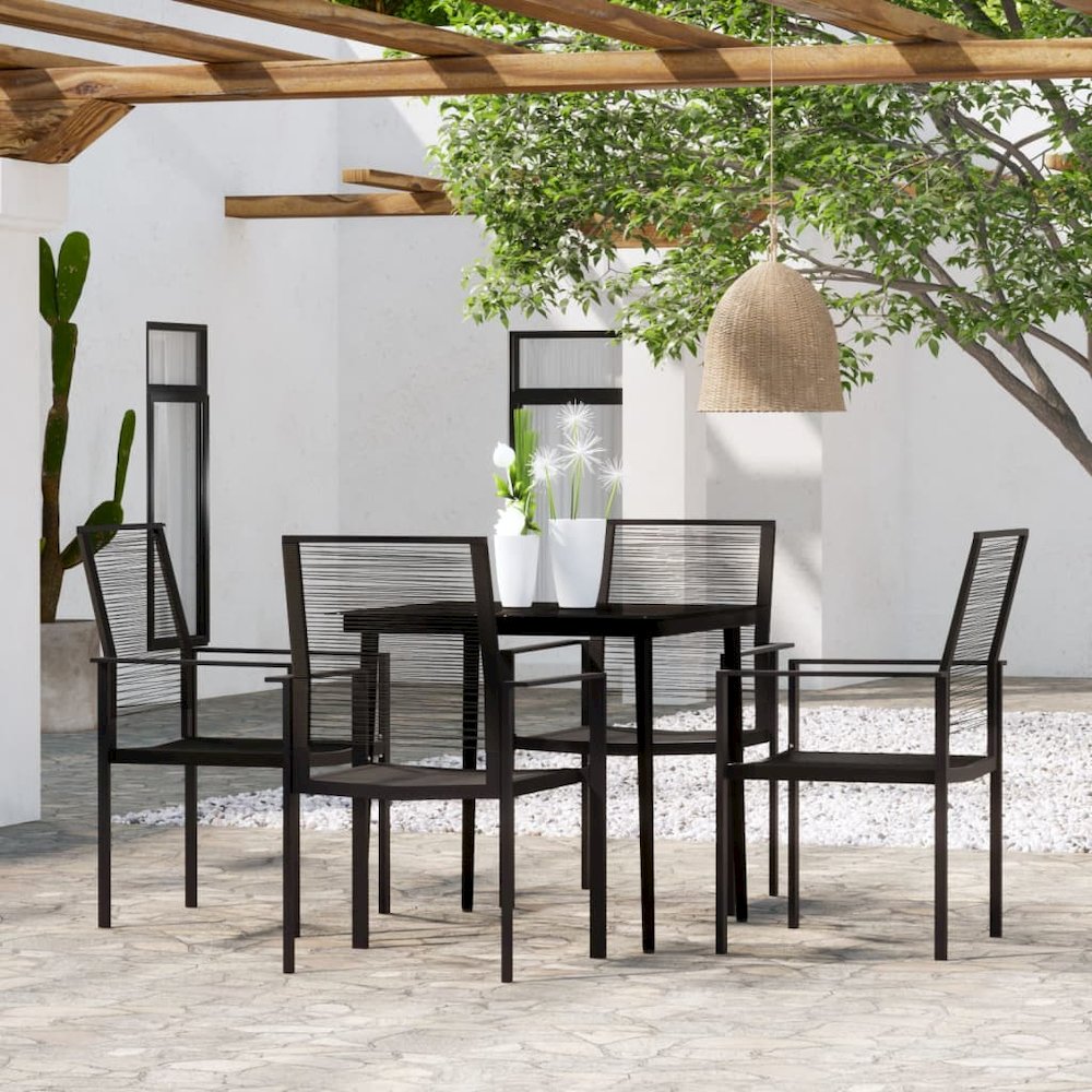 Dining Set Black Powder-coated Steel, Glass, PVC hollow rattan. Picture 1