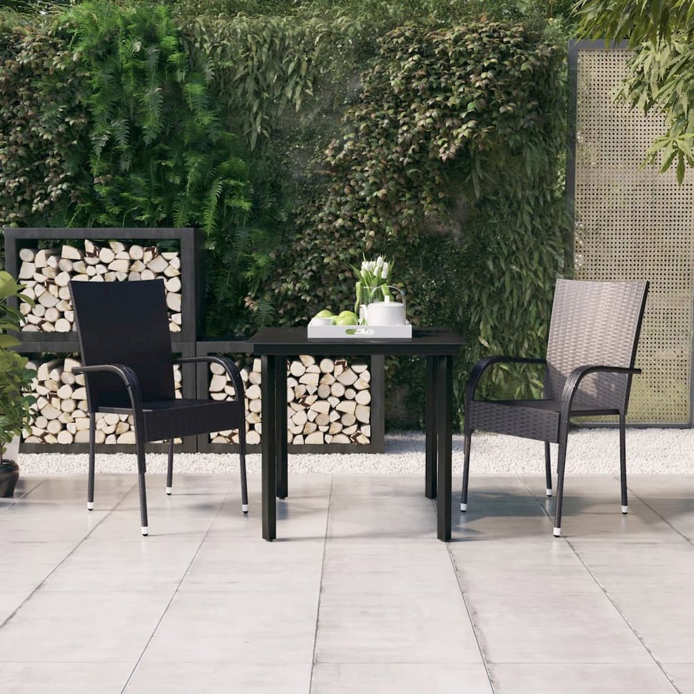 Garden Dining Set Black PE rattan, powder-coated steel, glass. Picture 1