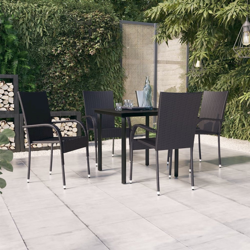 Garden Dining Set Black PE rattan, powder-coated steel, glass. Picture 1