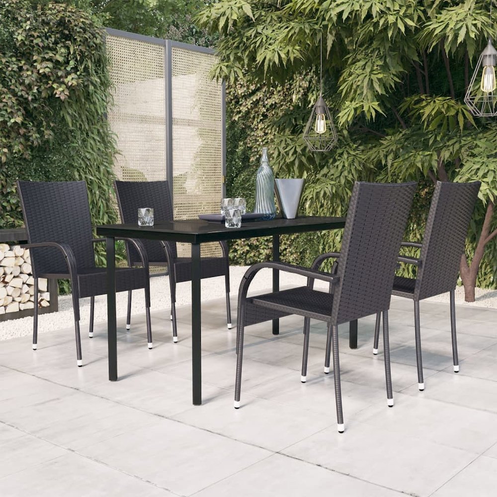 Garden Dining Set Black PE rattan, powder-coated steel, glass. Picture 1