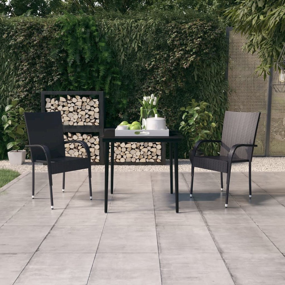 Garden Dining Set Black PE rattan, powder-coated steel, glass. Picture 1