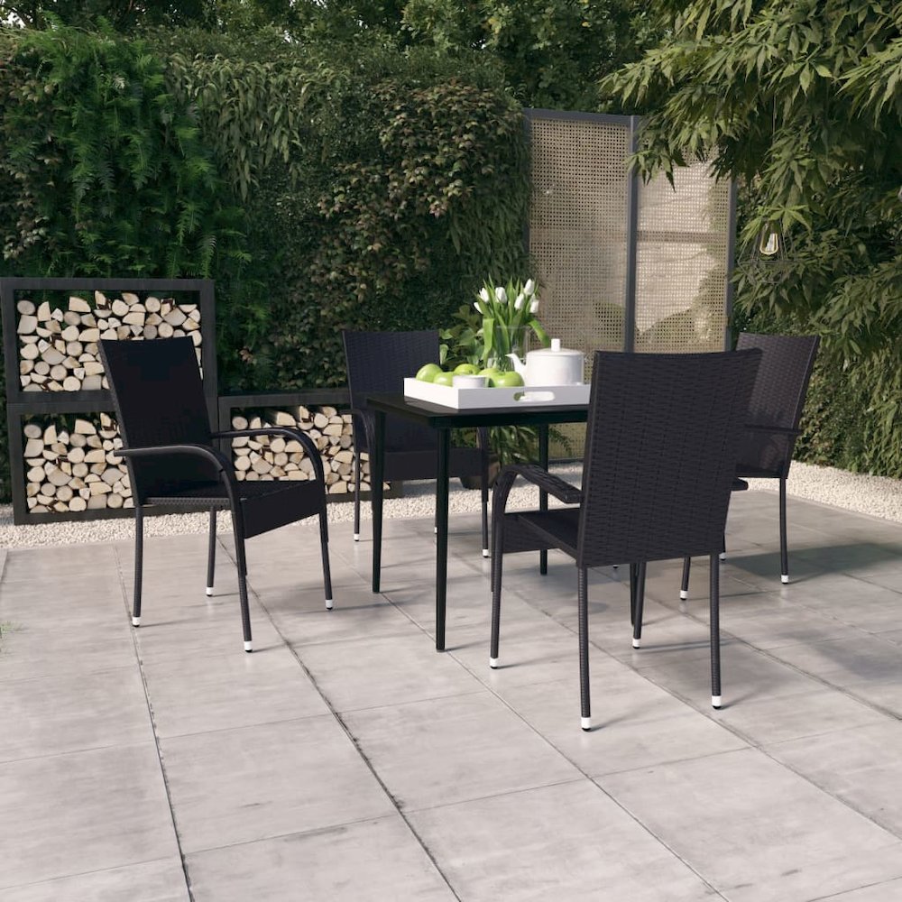 Garden Dining Set Black PE rattan, powder-coated steel, glass. Picture 1