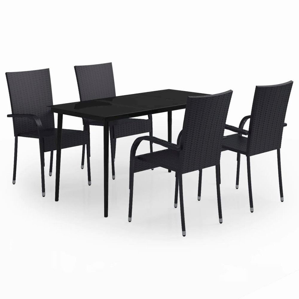 Garden Dining Set Black PE rattan, powder-coated steel, glass. Picture 2