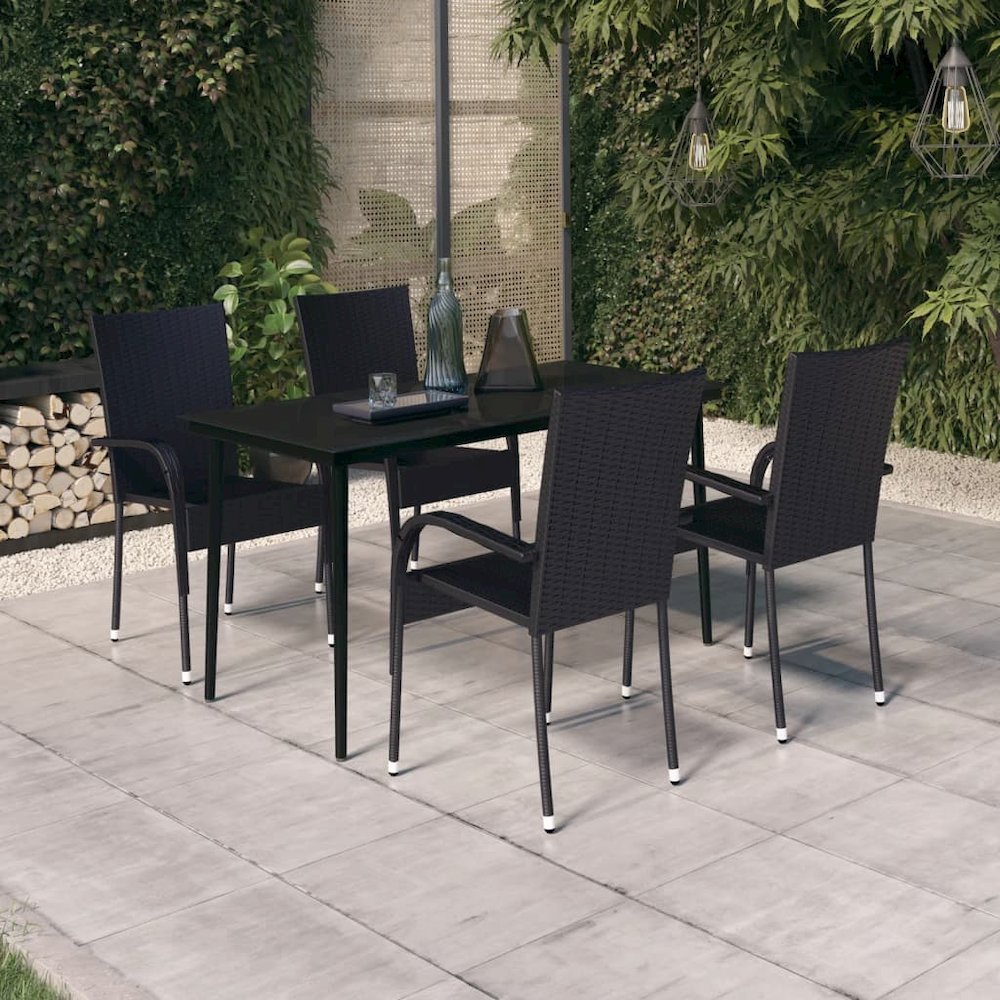 Garden Dining Set Black PE rattan, powder-coated steel, glass. Picture 1