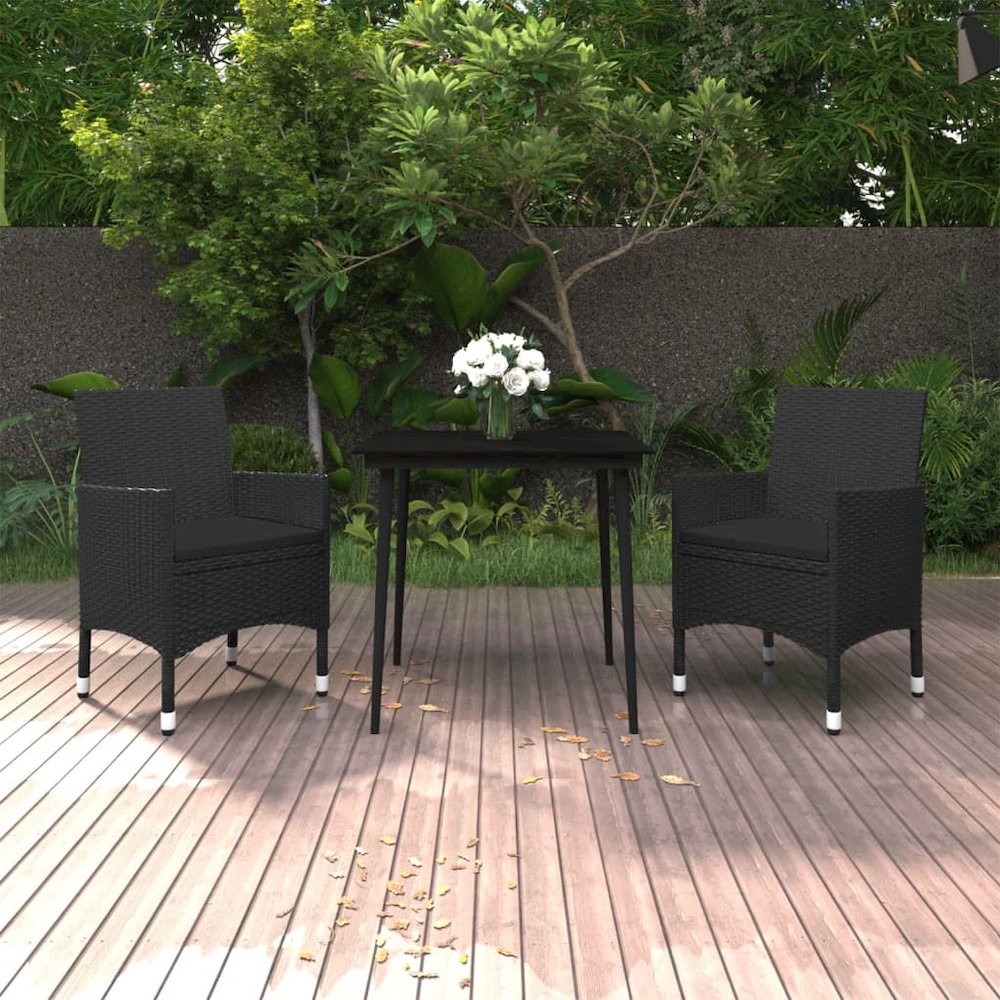 Garden Dining Set Black Poly Rattan, Steel, Glass Medium. Picture 1