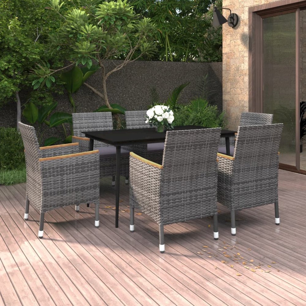 Garden Dining Set Poly rattan: Grey, Cushions: Dark grey, Table: Black. Picture 1