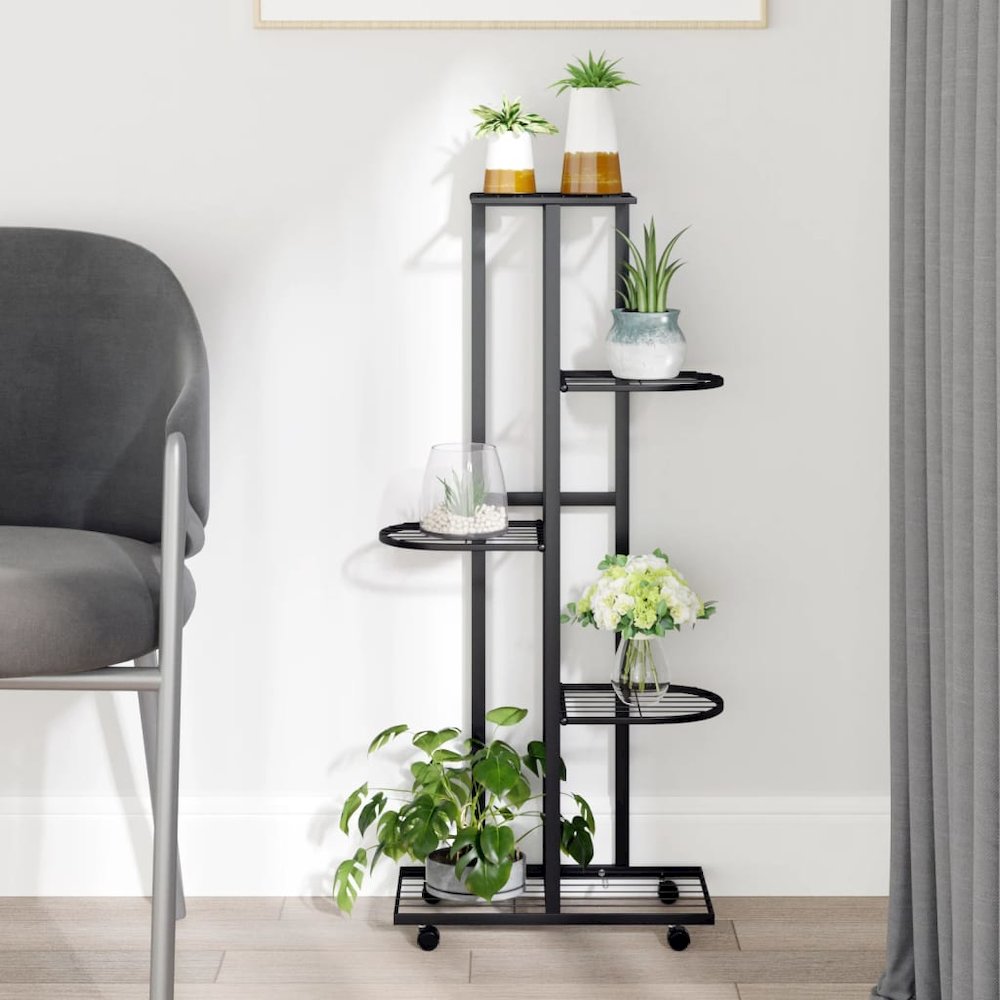 Flower Stand Black Powder-coated iron Tall Rollable. Picture 1