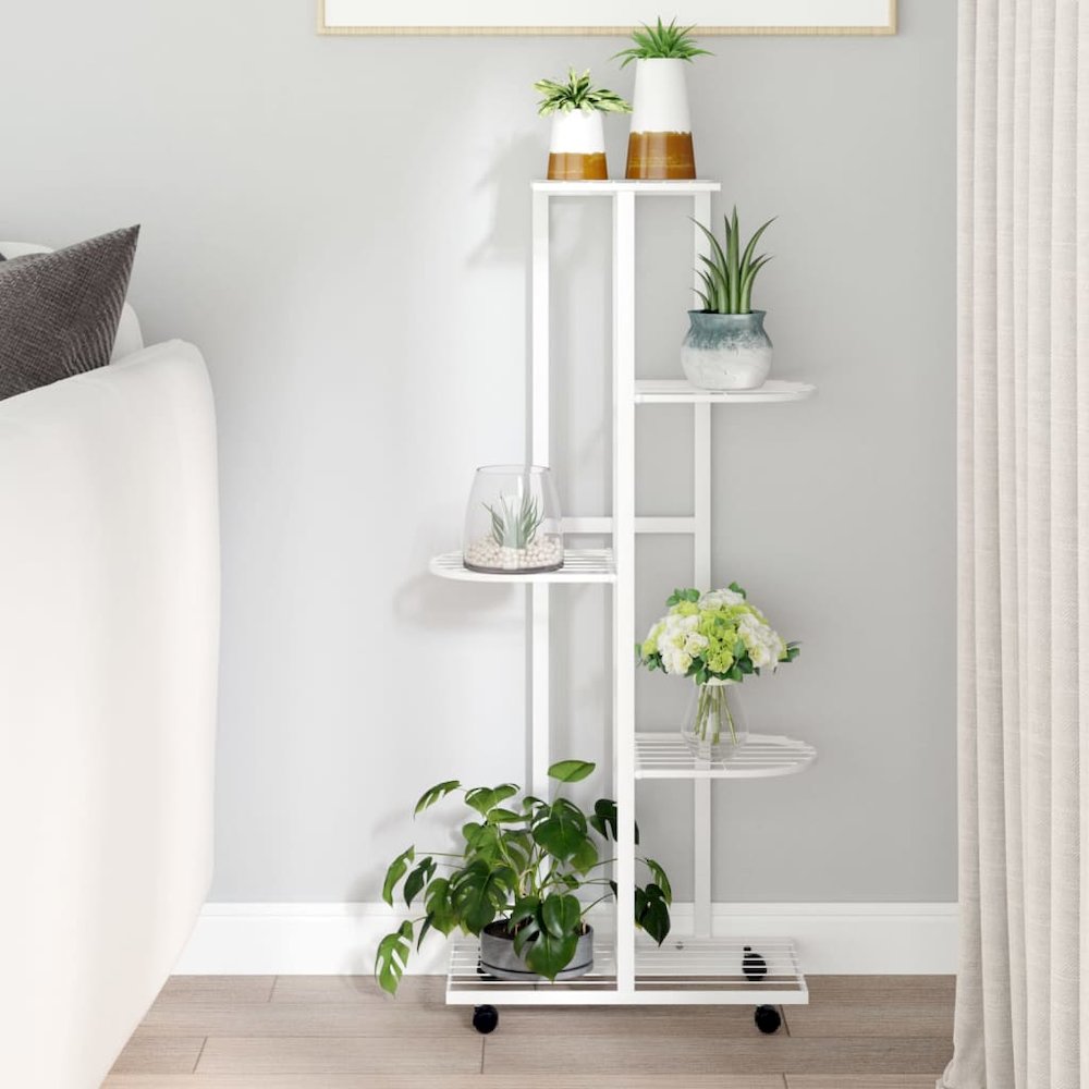 Flower Stand White Iron Tall Rollable Flower Stand. Picture 1
