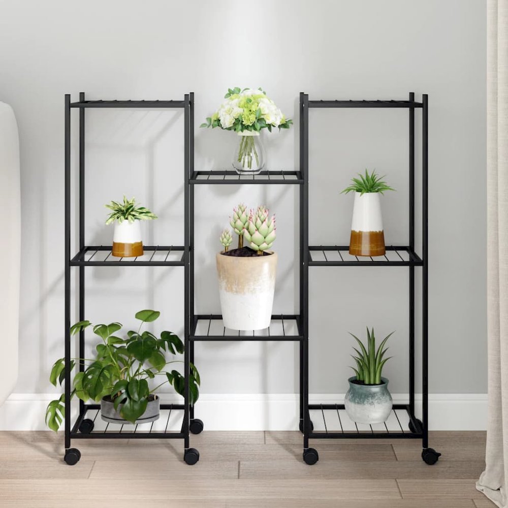 Flower Stand Black Powder-Coated Iron Tall Rollable. Picture 1