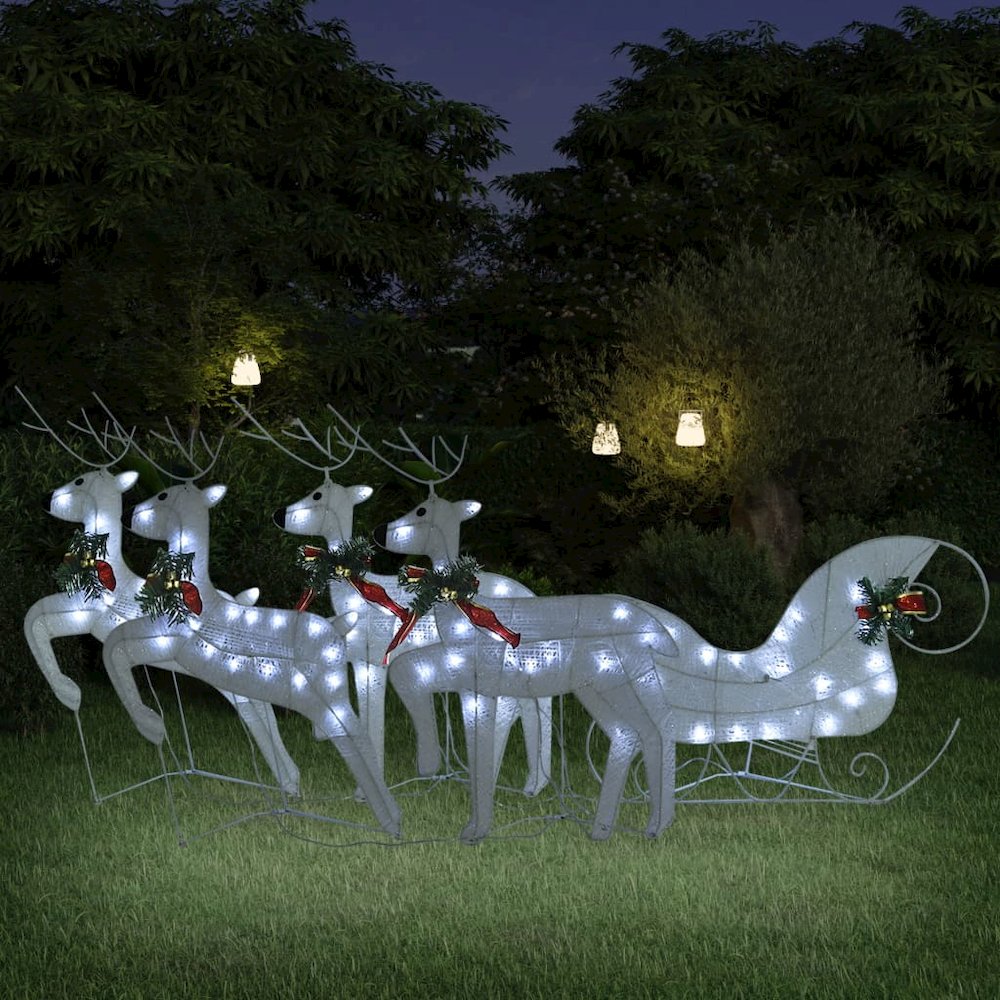 Reindeer And Sleigh Christmas Decoration Set of 4 White Mesh, Metal. Picture 1