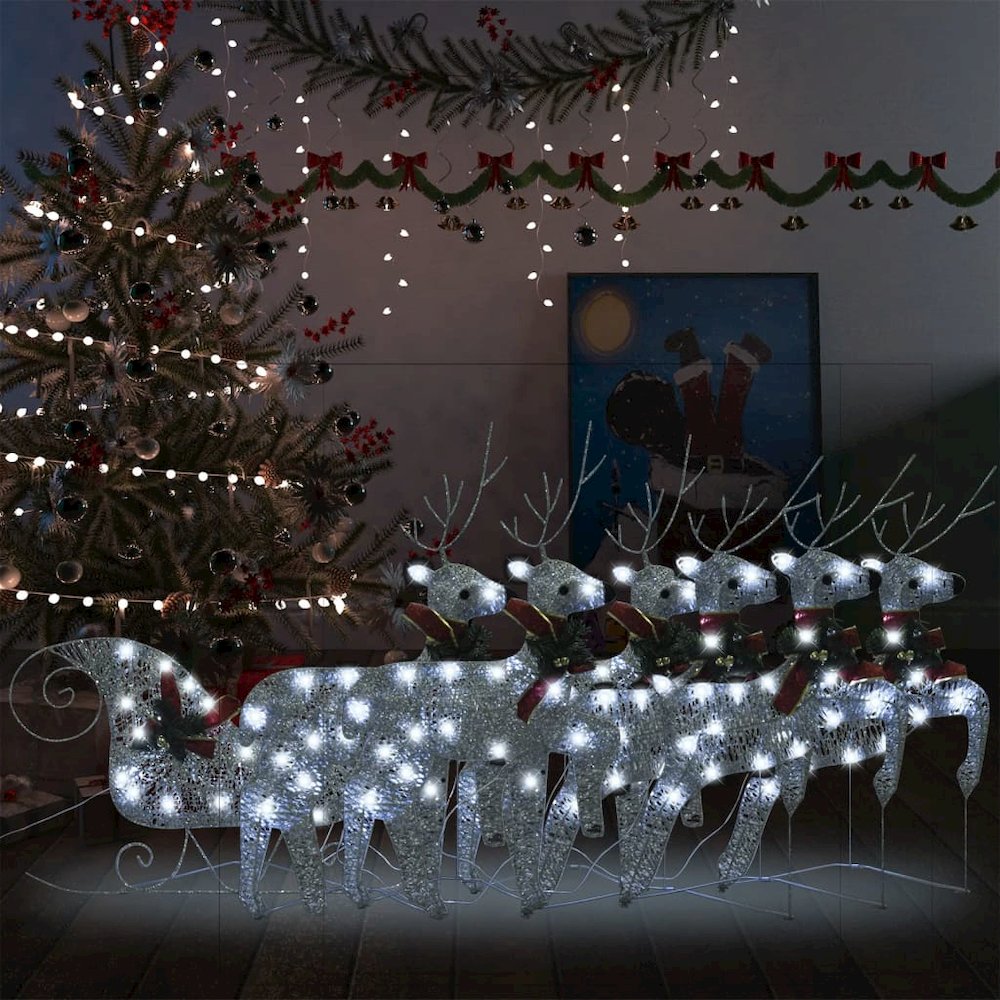 Reindeer And Sleigh Christmas Decoration Set of 6 Silver. Picture 1