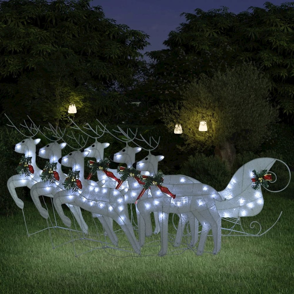 Reindeer and Sleigh Christmas Decoration Set of 6 White Mesh. Picture 1