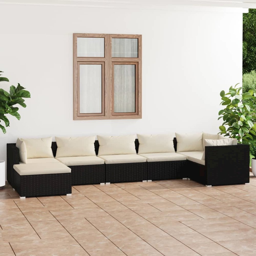 Garden Lounge Set Black, Cream PE rattan, powder-coated steel, fabric. Picture 1