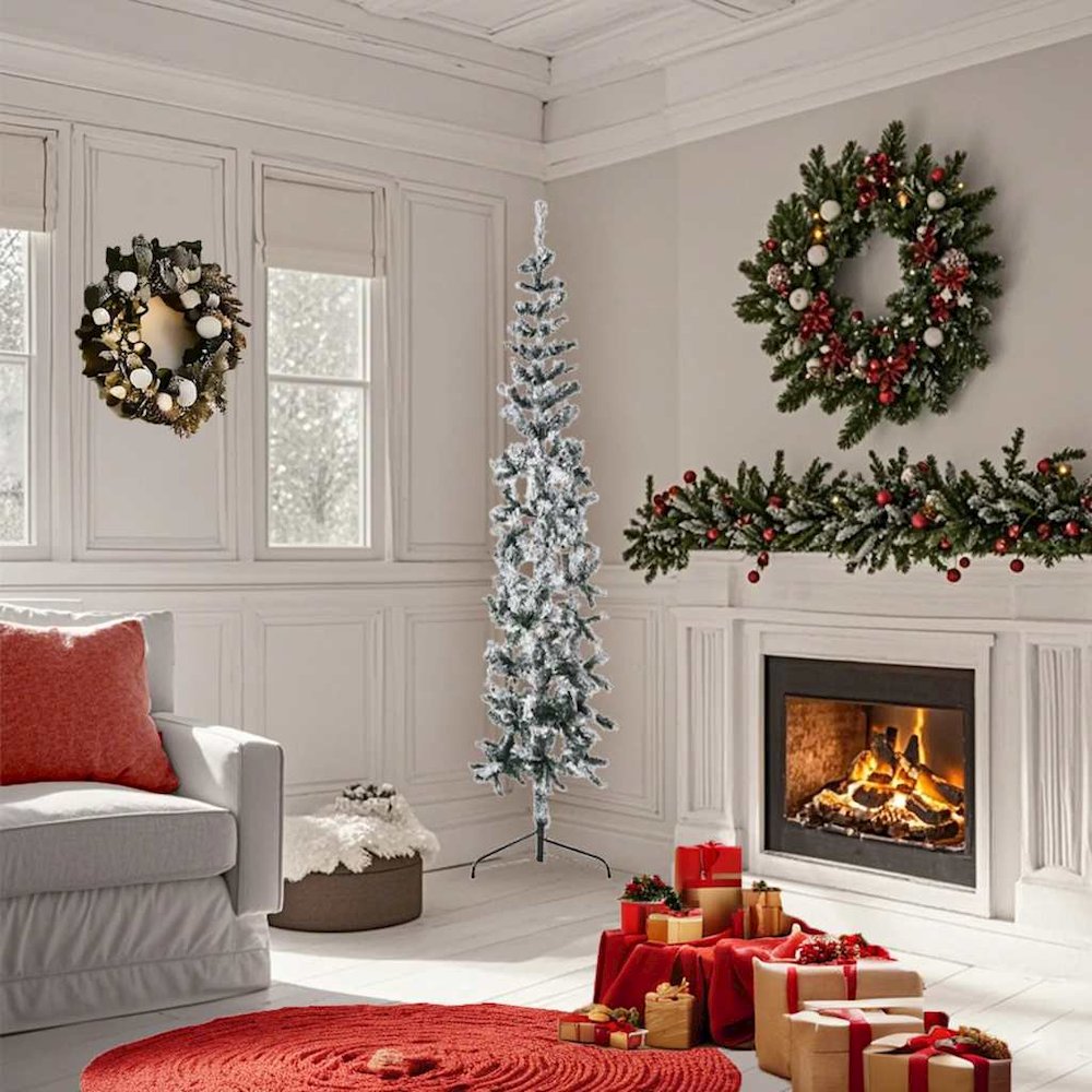 Slim Artificial Half Christmas Tree Green and white PVC, Steel. Picture 2