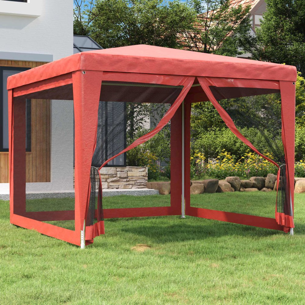Party Tent with 4 Mesh Sidewalls Red 9.8'x9.8' HDPE. Picture 1