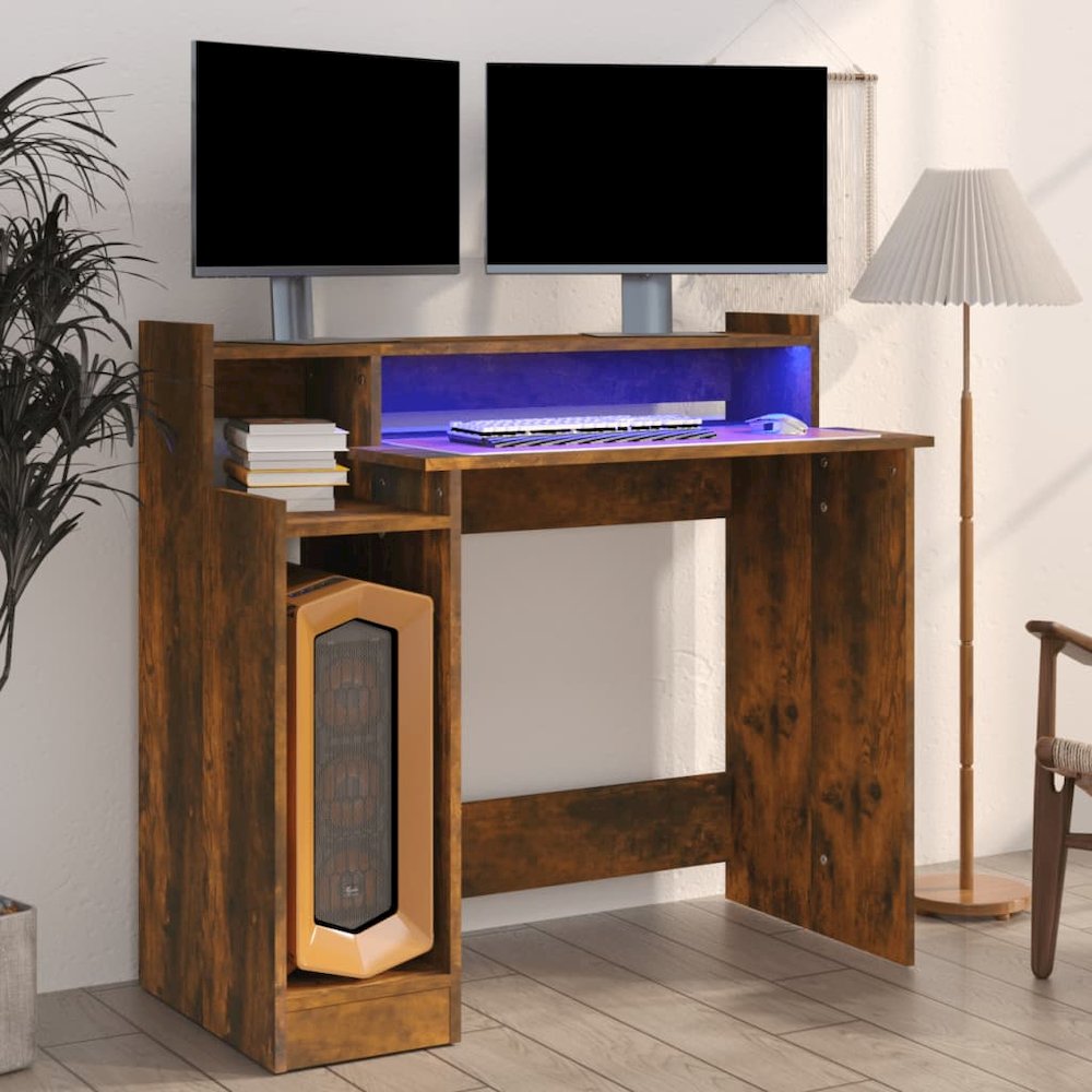 vidaXL Desk with LED Lights Smoked Oak 38.2"x17.7"x35.4" Engineered Wood. Picture 1