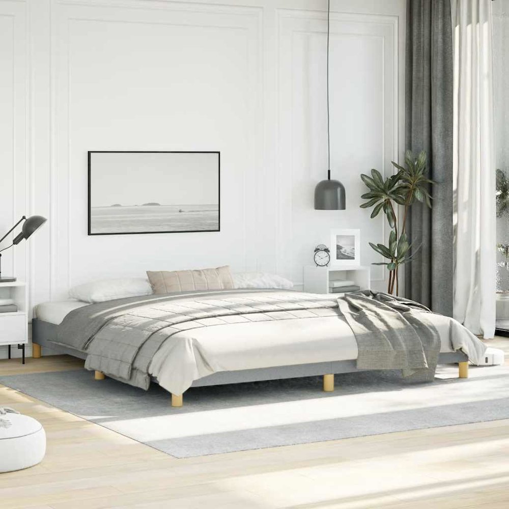 Bed Frame Light grey 100% polyester, plywood, engineered wood King. Picture 2
