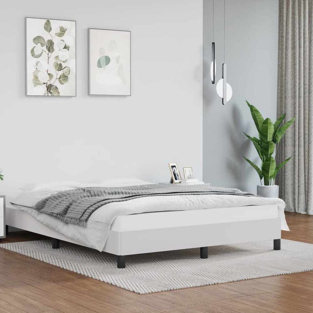 Bed Frame White Faux leather, Plywood, Engineered wood Full. Picture 1