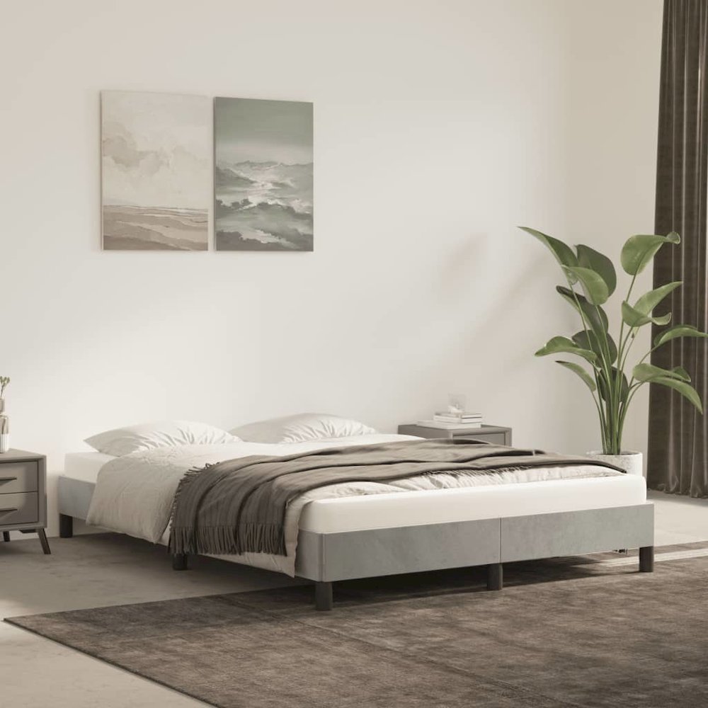 Bed Frame Light Gray Velvet, Engineered wood, Plywood Queen. Picture 1