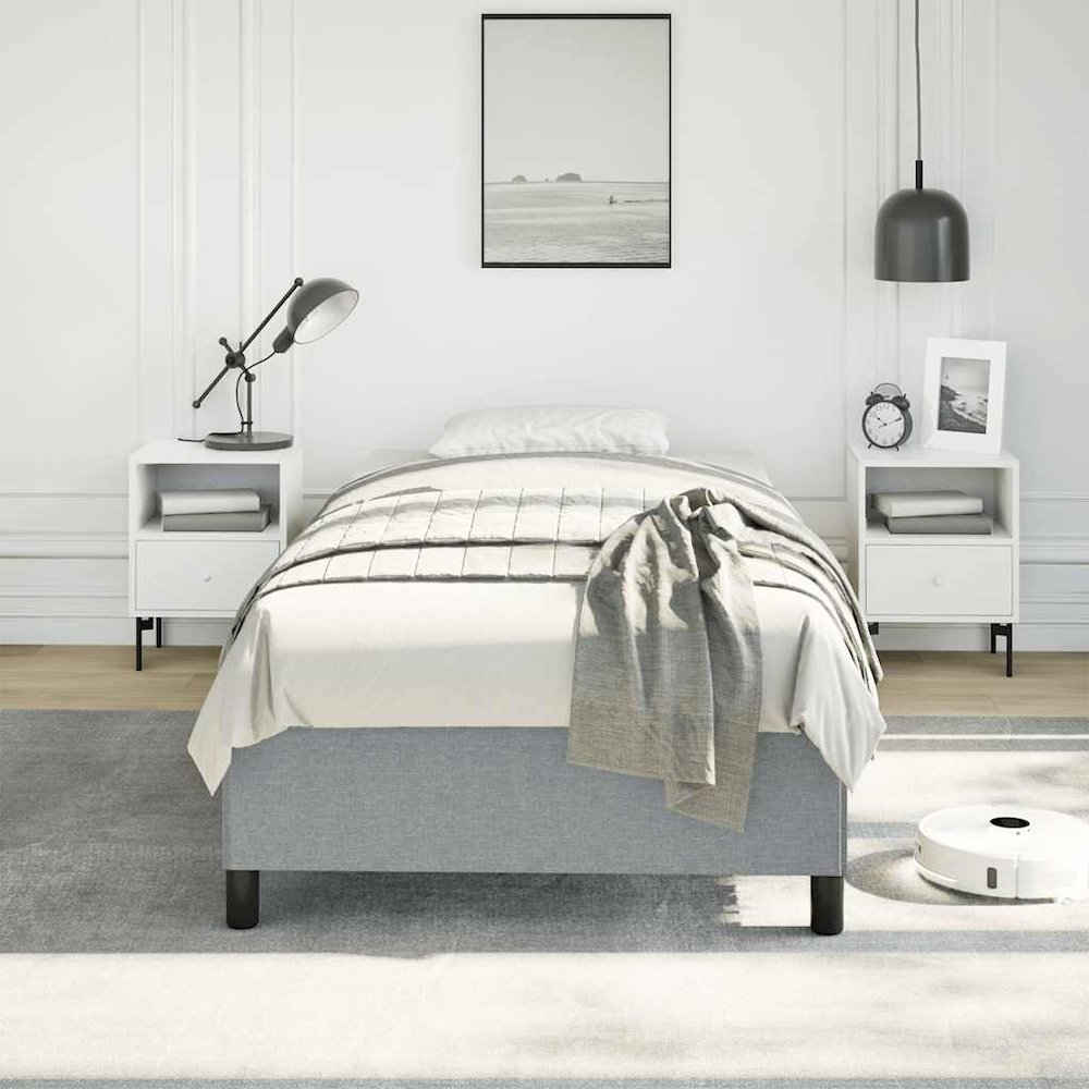 Bed Frame Light Gray Polyester, Plywood, Engineered Wood Twin XL. Picture 3