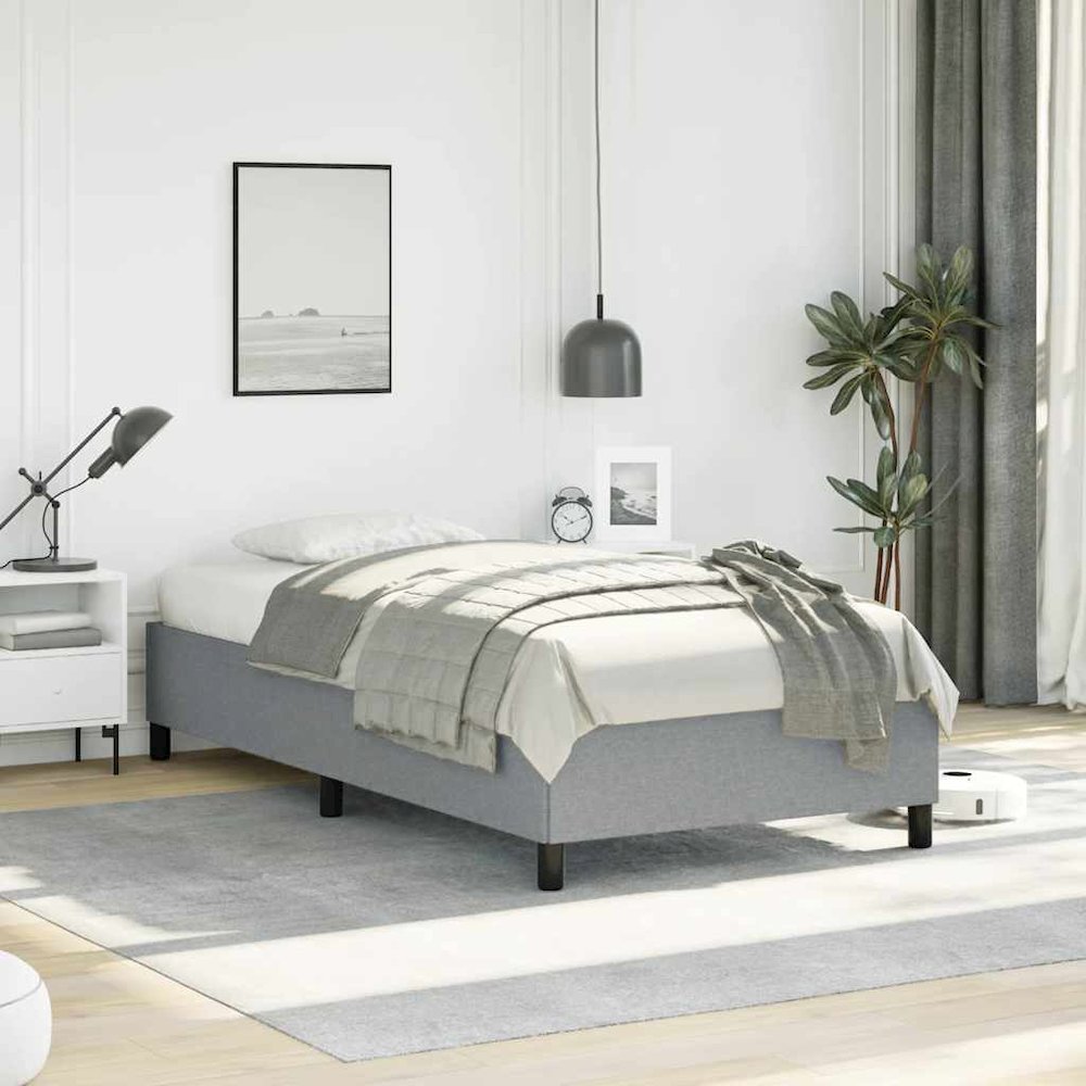Bed Frame Light Gray Polyester, Plywood, Engineered Wood Twin XL. Picture 2