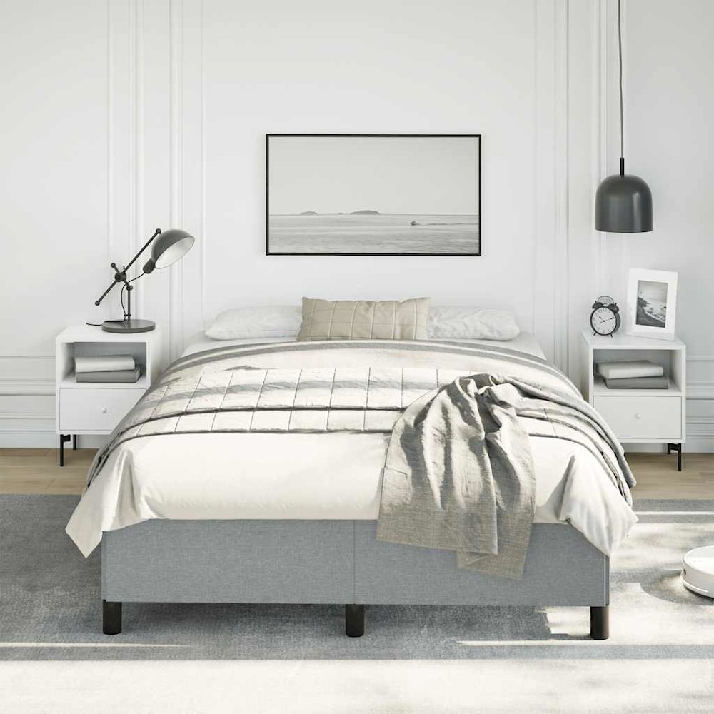 Bed Frame Light Grey Polyester, Plywood, Engineered Wood Full. Picture 3