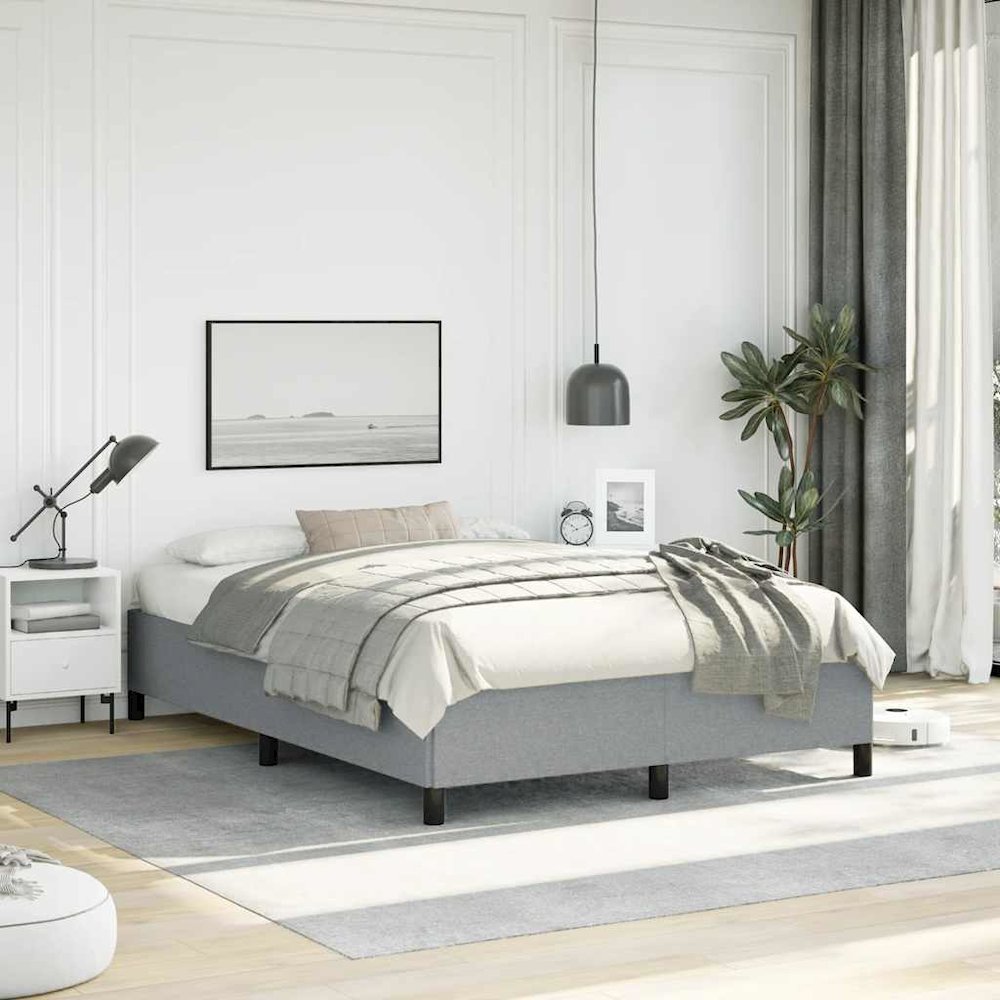 Bed Frame Light Grey Polyester, Plywood, Engineered Wood Full. Picture 2