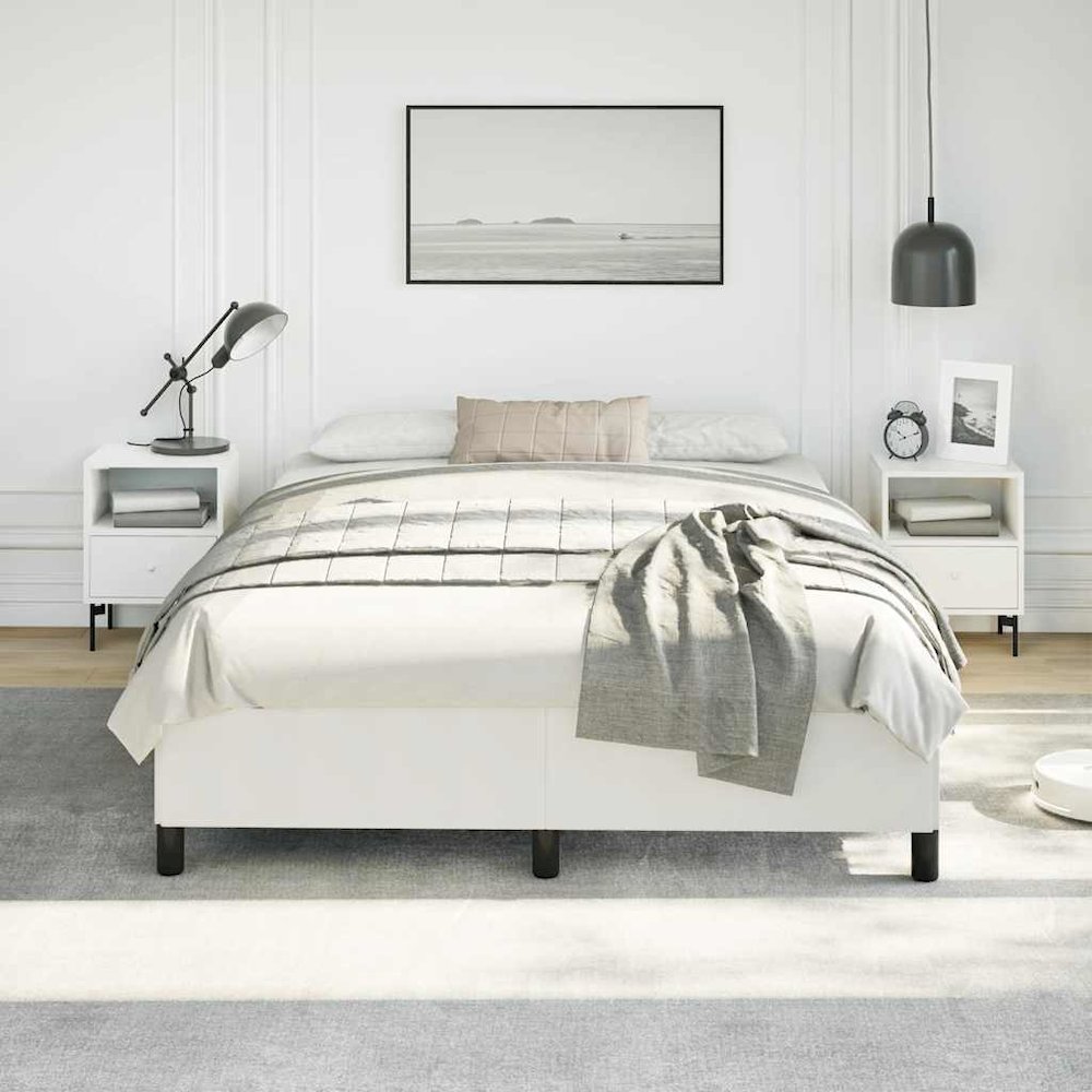 Bed Frame White Faux leather, plywood, engineered wood Queen. Picture 3