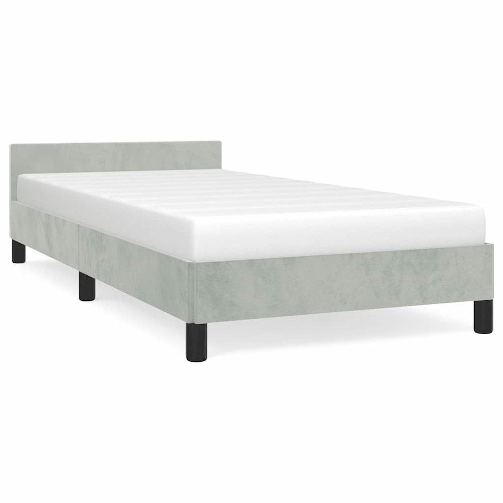 Bed Frame With Headboard Light grey Velvet, Plywood, Engineered wood. Picture 1