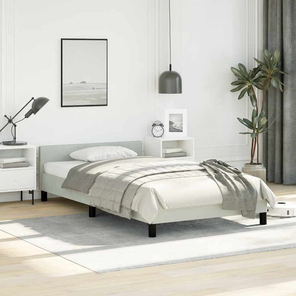 Bed Frame With Headboard Light grey Velvet, Plywood, Engineered wood. Picture 3