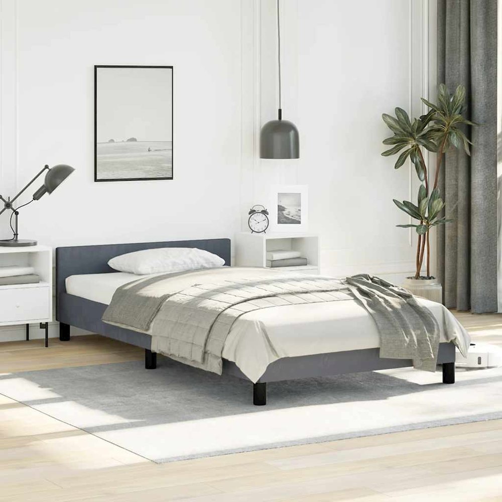 Bed Frame With Headboard Dark Grey Velvet, Plywood, Engineered Wood. Picture 3