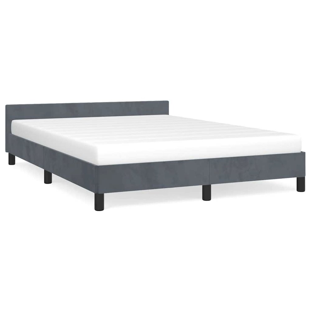 Bed Frame With Headboard Dark grey Velvet, plywood, engineered wood. Picture 1