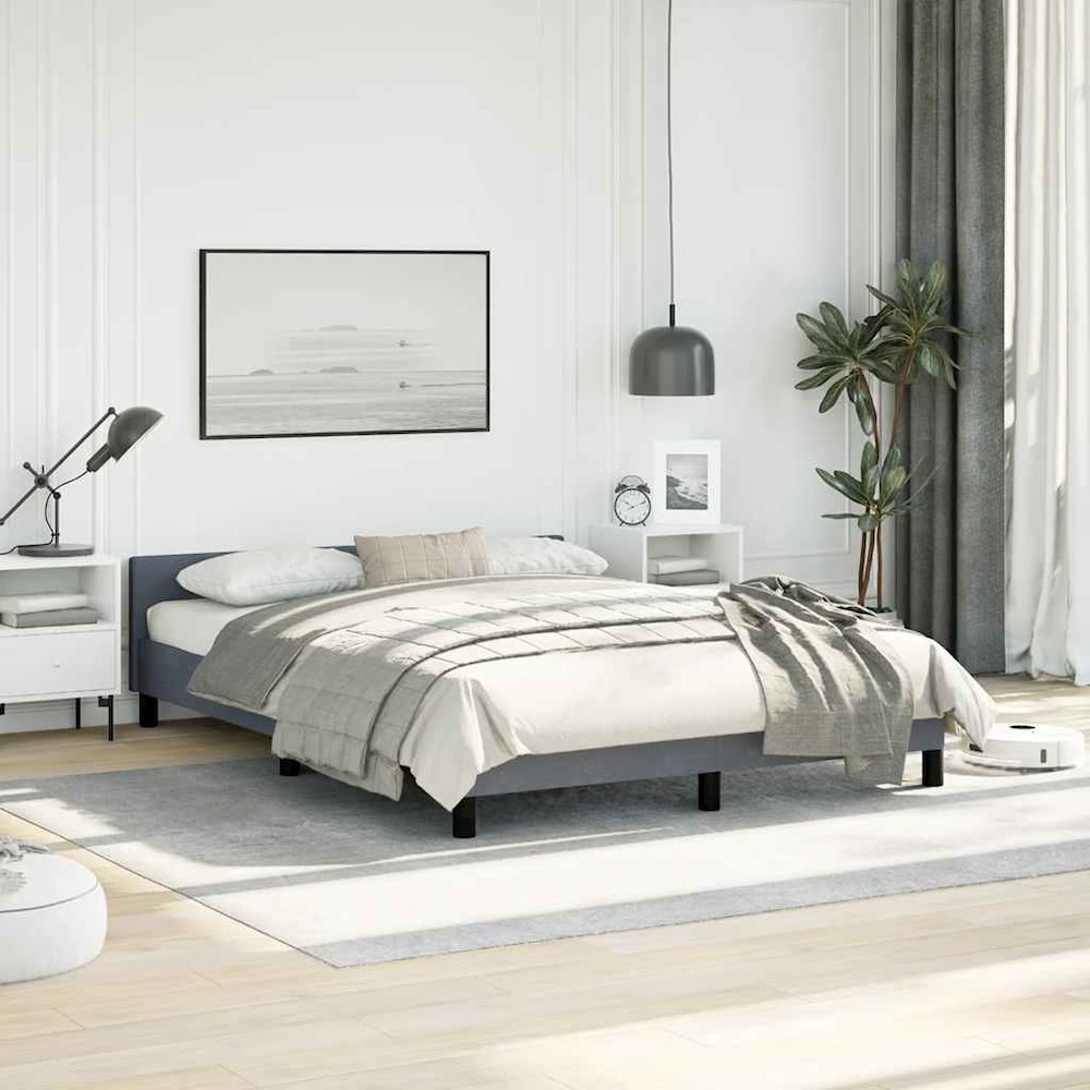 Bed Frame With Headboard Dark grey Velvet, plywood, engineered wood. Picture 3