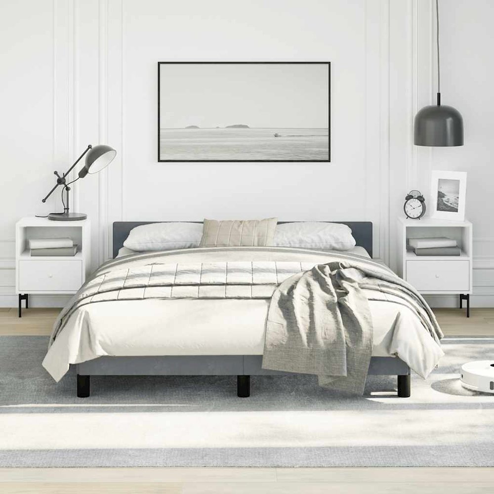 Bed Frame With Headboard Dark grey Velvet, plywood, engineered wood. Picture 2
